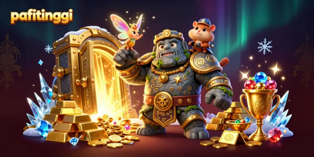 Menggambar golem kuno, peri, dan kesatria hamster di slot online pafitinggi dengan harta karun bersinar.