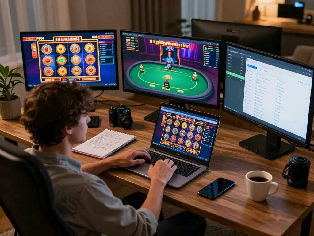 LGO99 gaming setup with multiple screens showcasing exciting casino games and betting strategies.