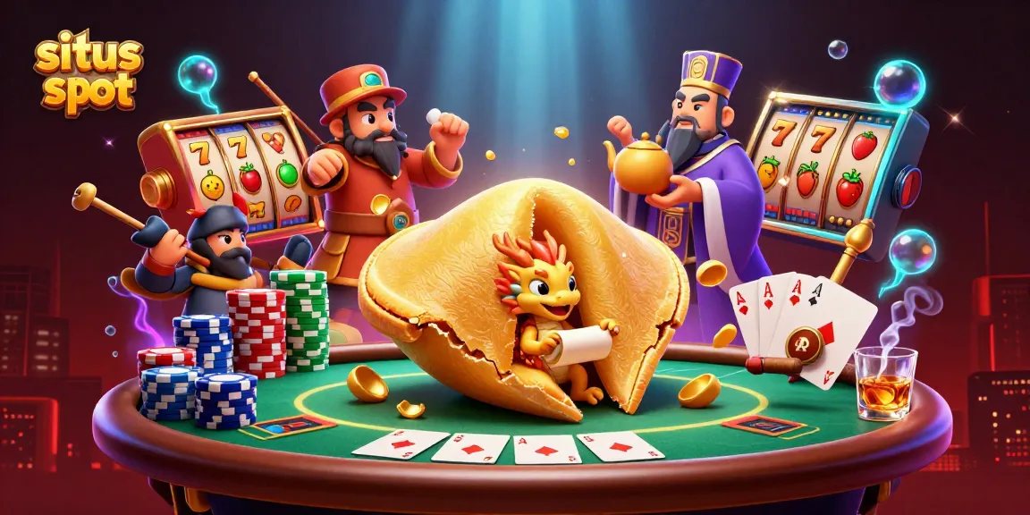 Fortune cookie scene with dragon and warriors, detailing exciting situs slot action amidst gaming elements.