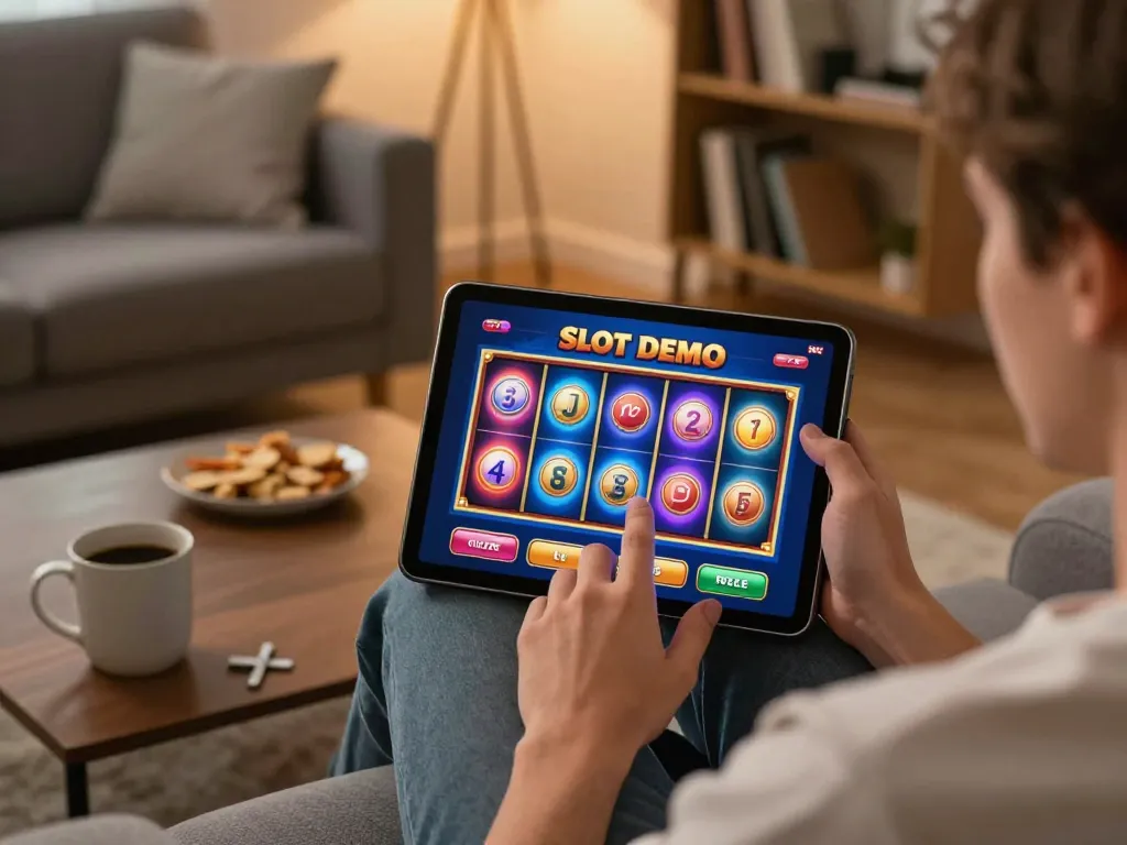 Engaging in Slot Demo gameplay on a tablet while relaxing at home, highlighting a vibrant online casino experience.