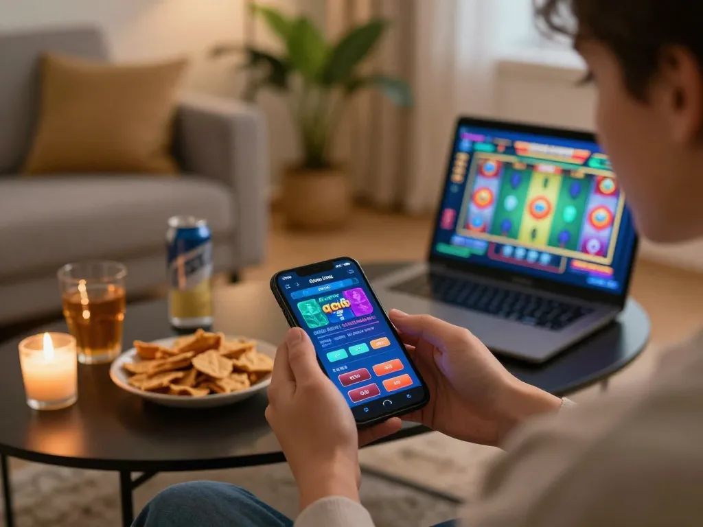 Engaging with the new qqslot link app for online gaming in a cozy home environment.