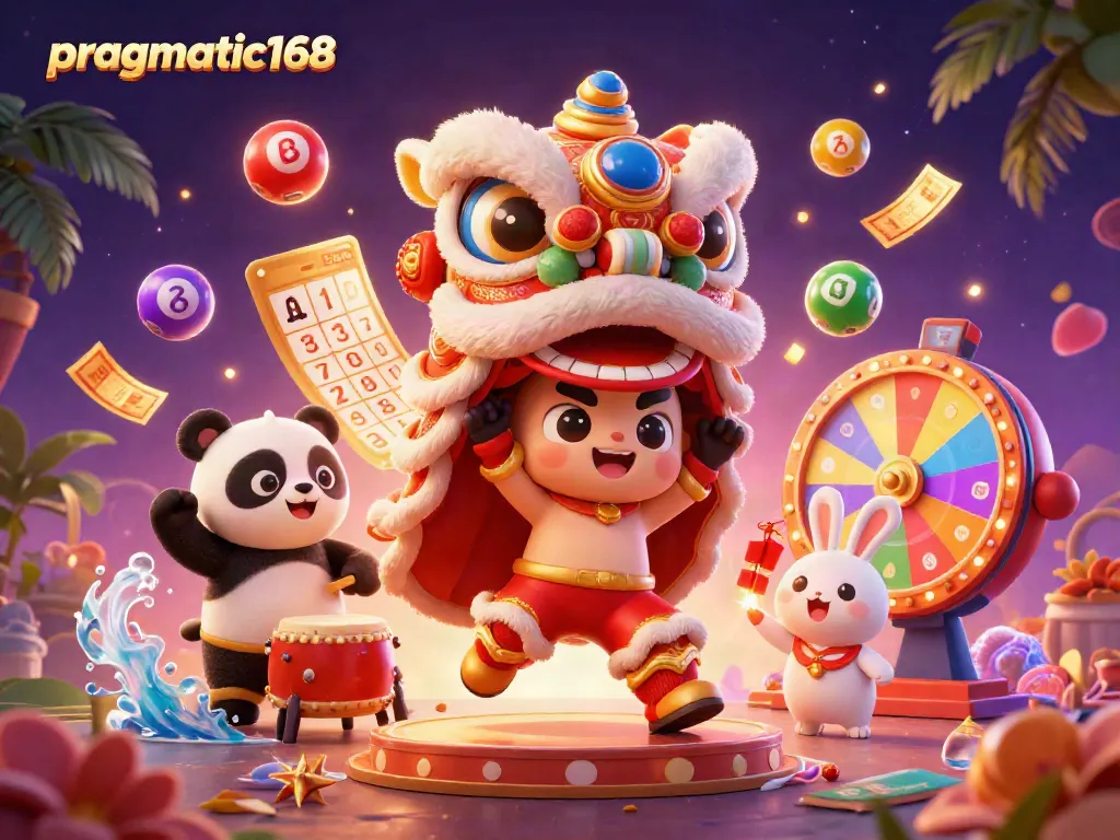 Join the excitement at pragmatic168 with vibrant 3D characters and engaging lottery elements in this casino-themed illustration.