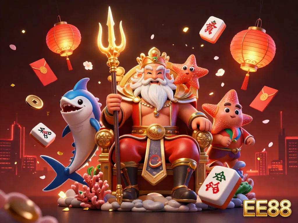 Experience the thrill of EE88 with Neptune, samurai, and enchanting game elements in a vibrant casino scene.