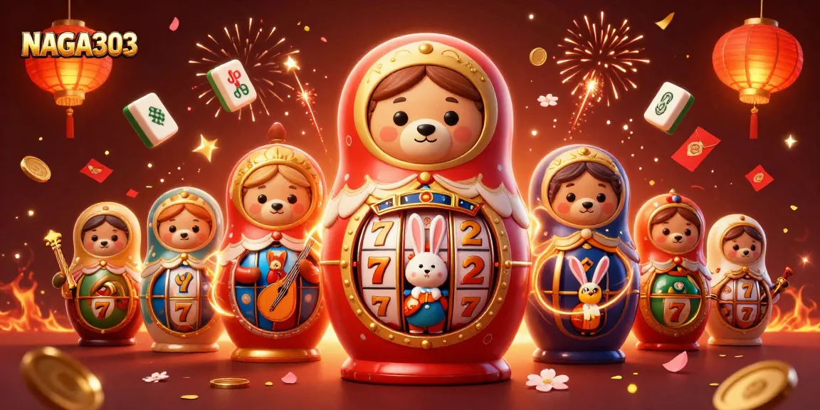 NAGA303 offers vibrant casino action with a Matryoshka bear and festive elements in an exciting scene.