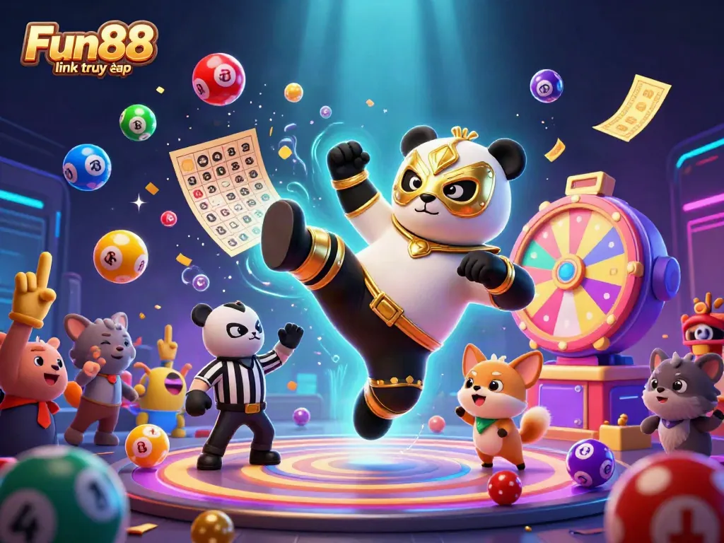 Experience the excitement of Fun88 link truy cập with a dynamic casino illustration featuring a flying panda wrestler and colorful lottery elements.