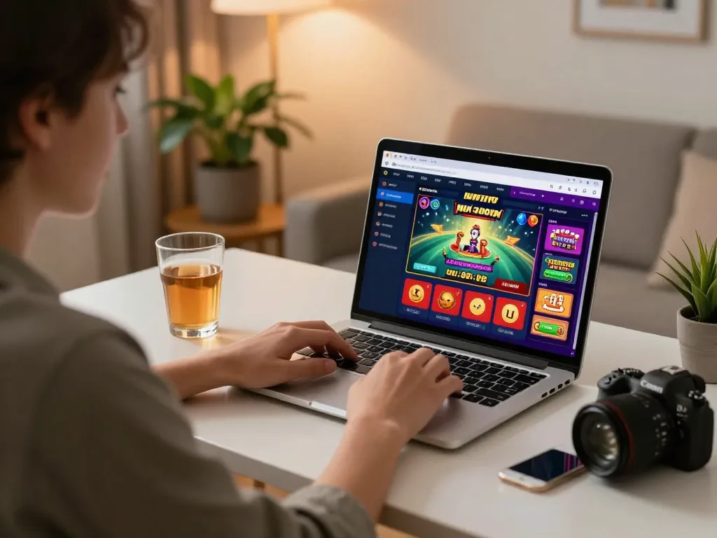Engaging menu interface for an online casino game displayed on a laptop, showcasing immersive gameplay.