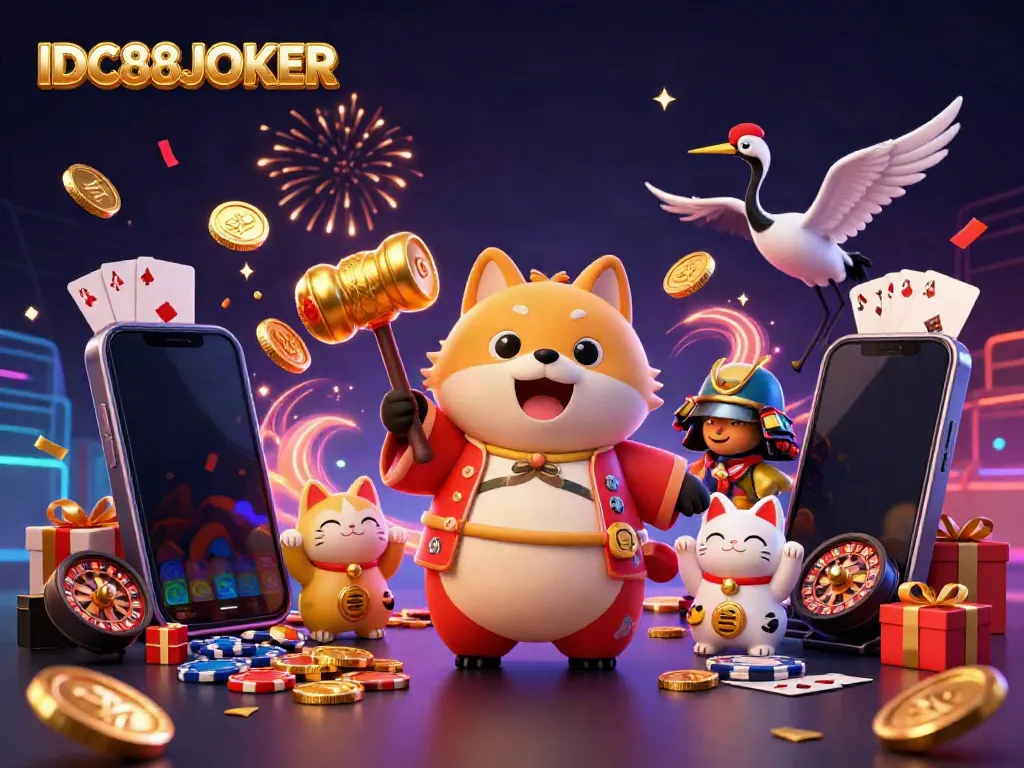 Experience the exciting slot games on IDC88JOKER with vibrant characters and dynamic casino elements!