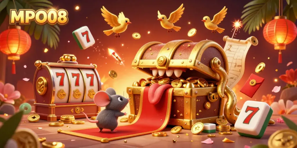 MPO08 casino adventure scene illustrating a treasure chest, slots, and festive elements for gamblers.