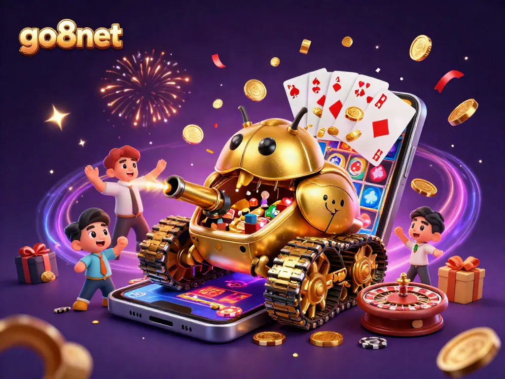 Engage with go8net's lively gaming scene featuring a massive golden beetle tank casino and dynamic slot games.