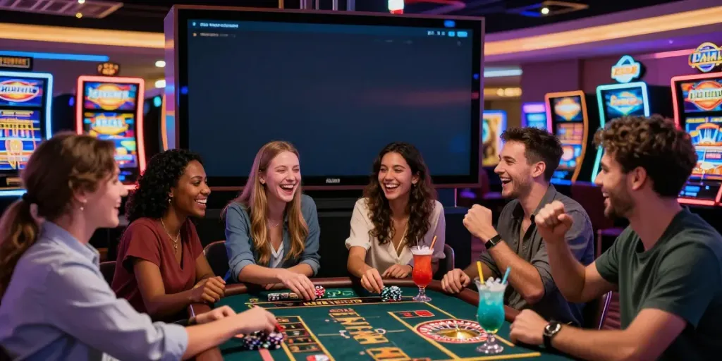 Excited players enjoying the 2up gaming experience in a modern casino, vibrant atmosphere