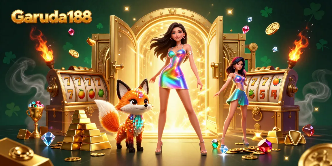 Experience the excitement of Garuda188 with a vibrant casino scene full of dynamic game elements and treasures.