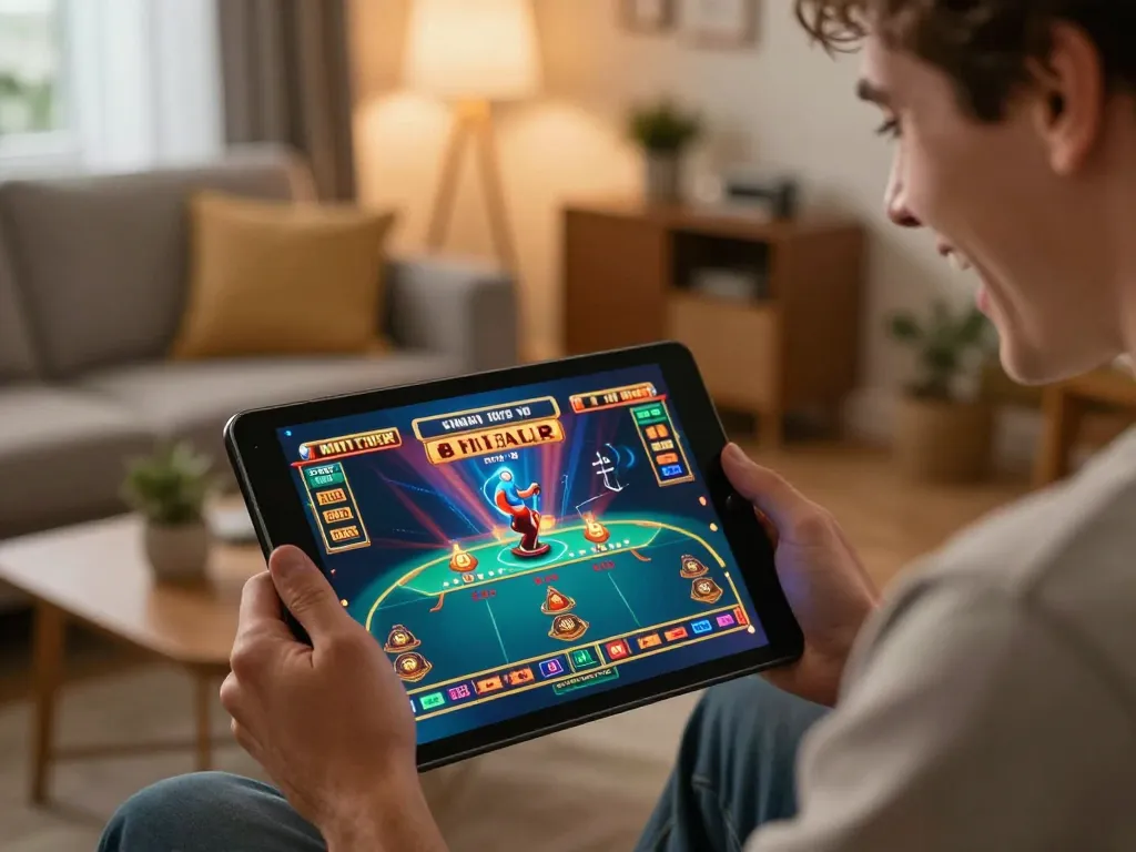 Pemain menikmati perjudian online kenzototo, merayakan momen kemenangan dengan tablet.