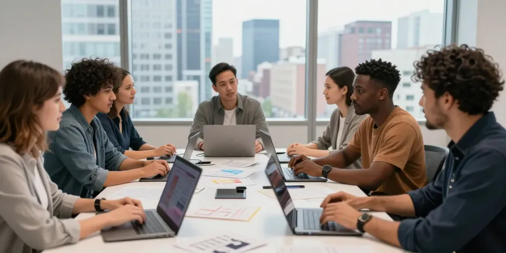 Diskusi inovatif tentang alexistoto dalam suasana kolaboratif di kantor modern.