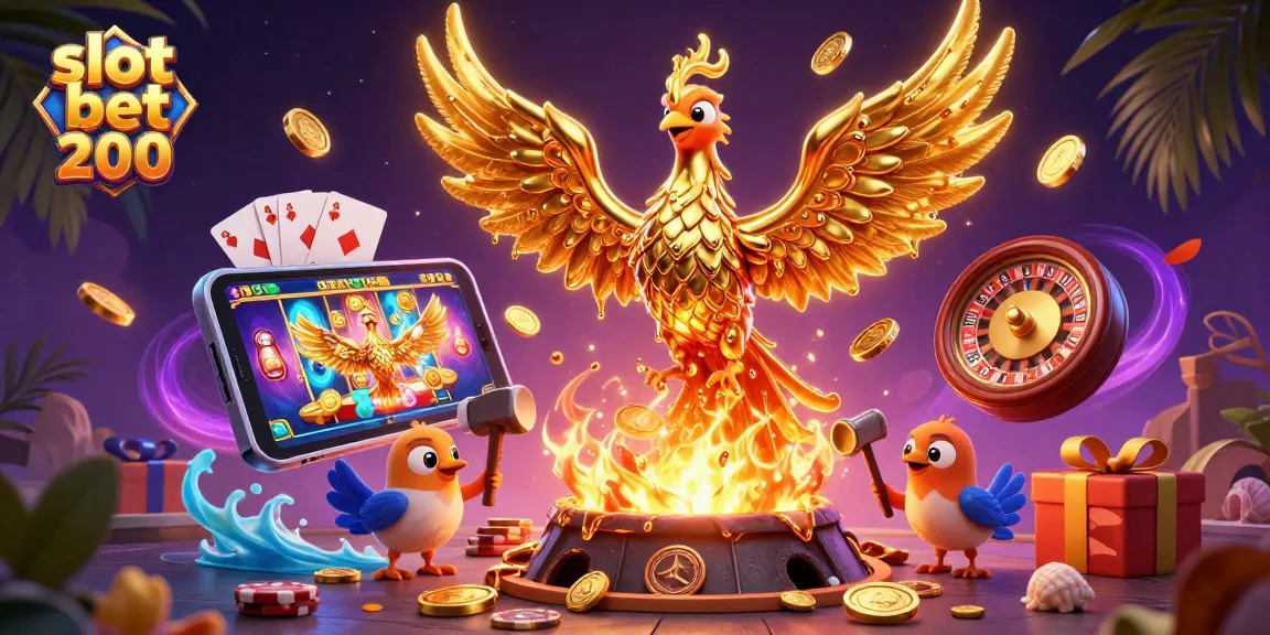 Slot bet 200 menampilkan simbol-simbol permainan slot yang menarik dengan koin emas bertebaran.