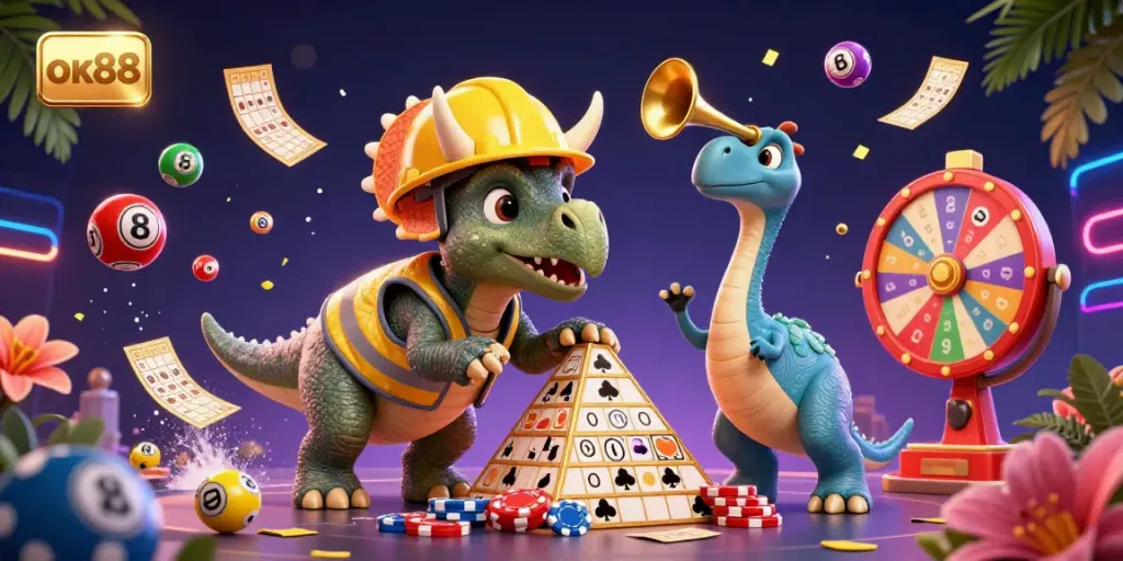 Experience the thrill of ok88 as a triceratops builds a poker chip pyramid in a vibrant casino scene.