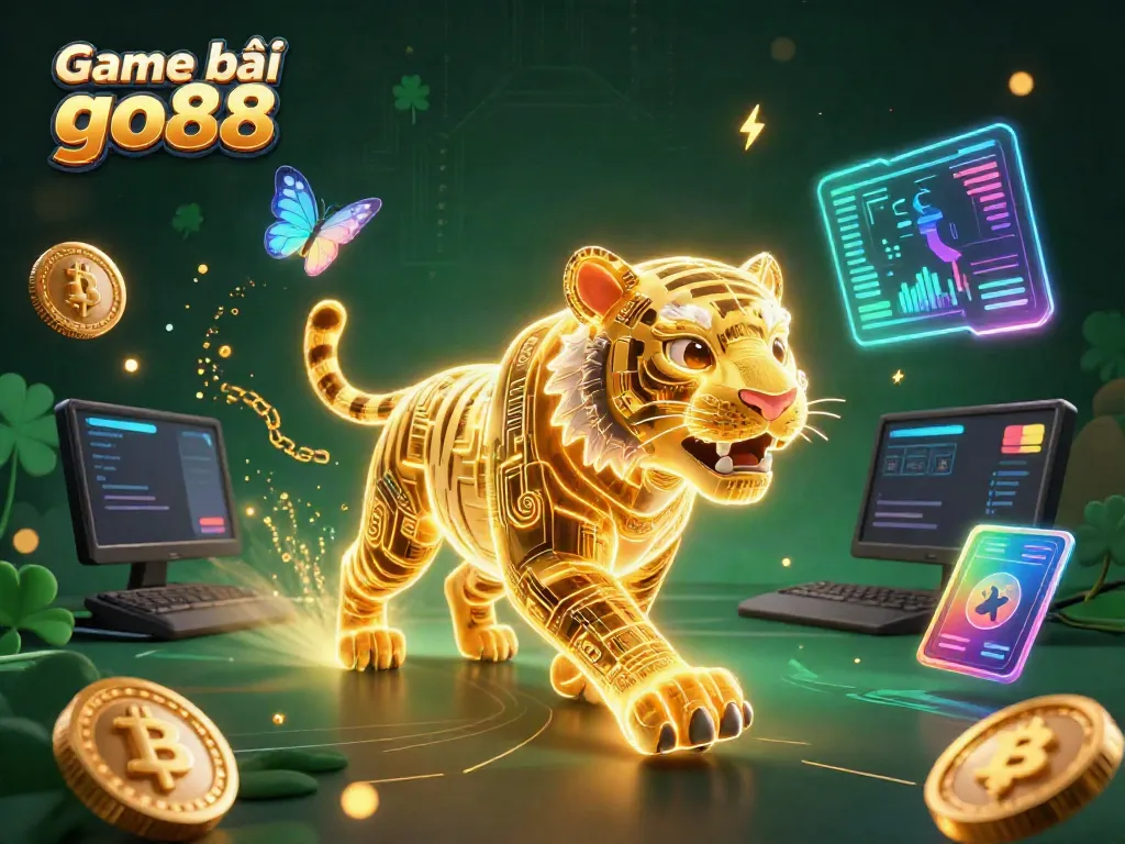 Engage in Game bài go88 at a vibrant digital casino featuring a mystical tiger and glowing coins.