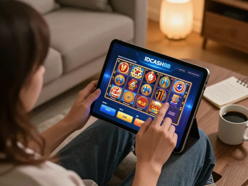 Play the latest slot games on IDCASH88 casino app in a cozy home setting with tablet and notes