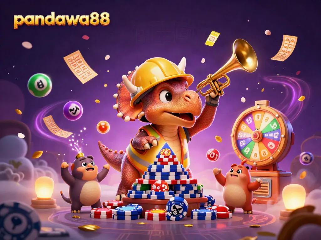 Pandawa88 menampilkan dinosaur yang merayakan dengan bola lotere berwarna-warni di tengah suasana kasino yang meriah.