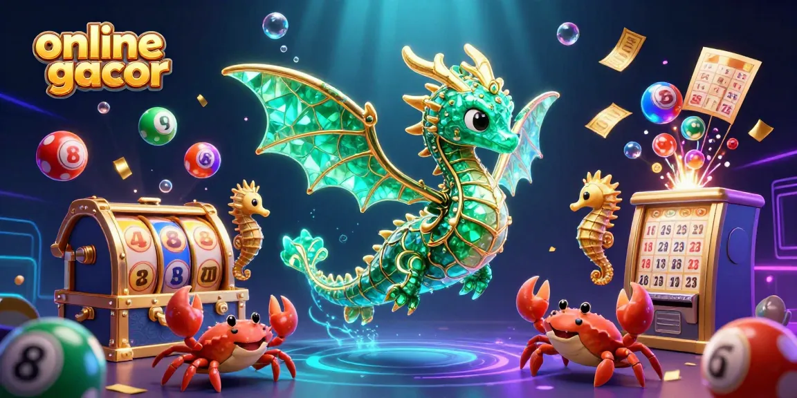 Engage in online gacor fun with vibrant illustrations of a sea dragon, slot reels, and colorful lottery elements.