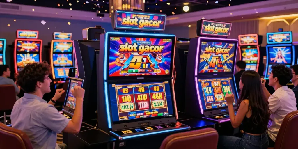 Exciting gaming atmosphere highlighting players winning at slot gacor online casino.