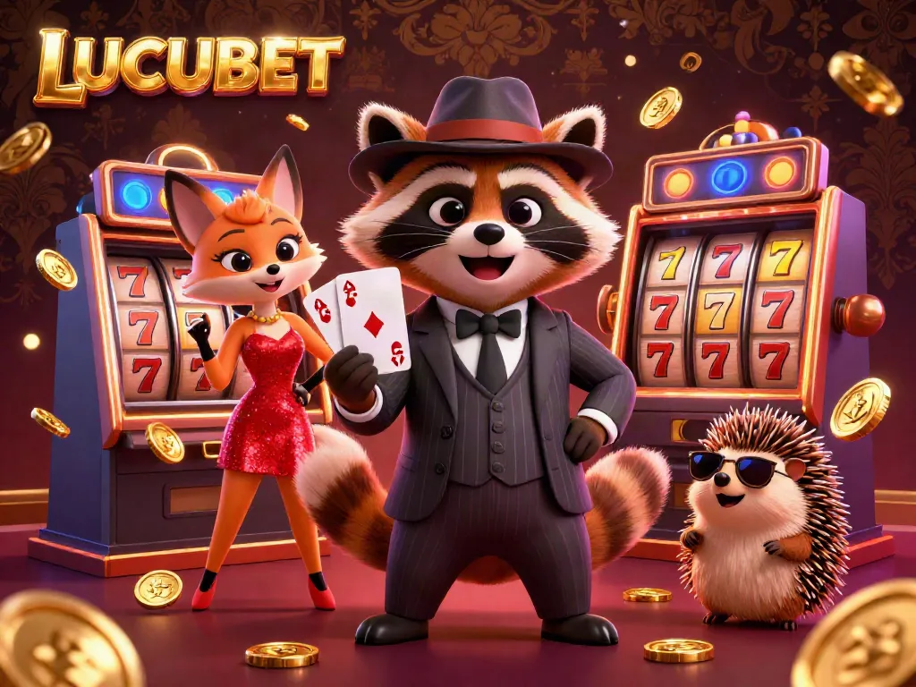 Experience the thrill of LUCUBET with a suave raccoon, charming fox, and hedgehog bouncer in a dynamic casino scene.