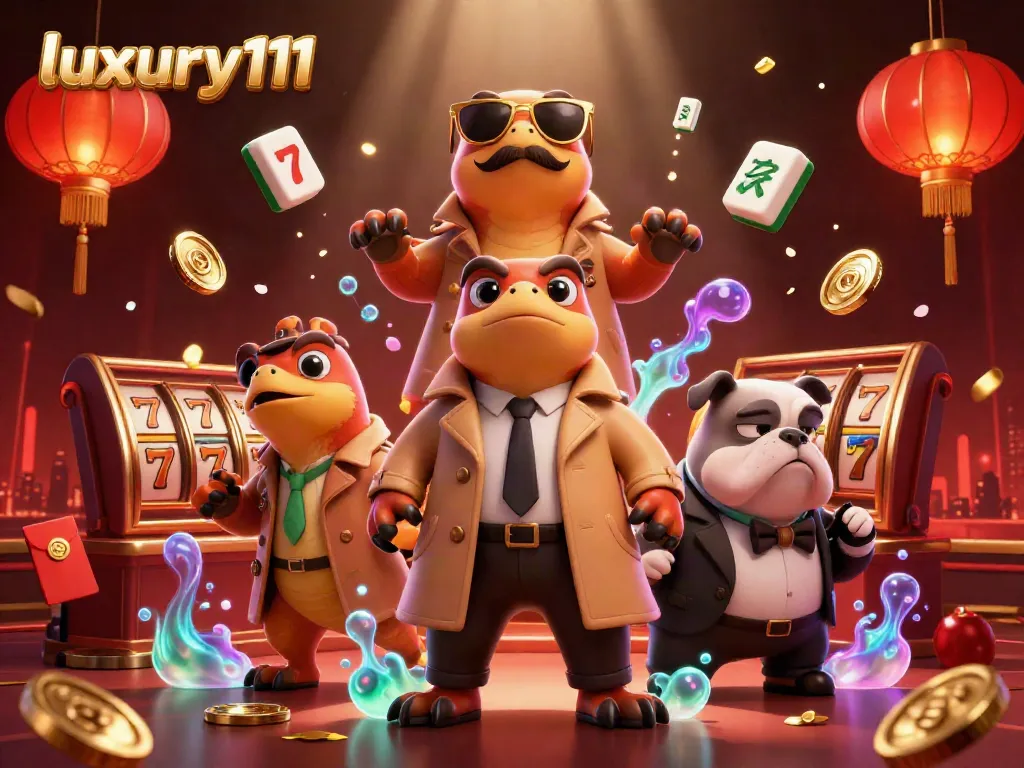 luxury111 thrills with animated raptors sneaking into a casino, surrounded by vibrant slot game elements