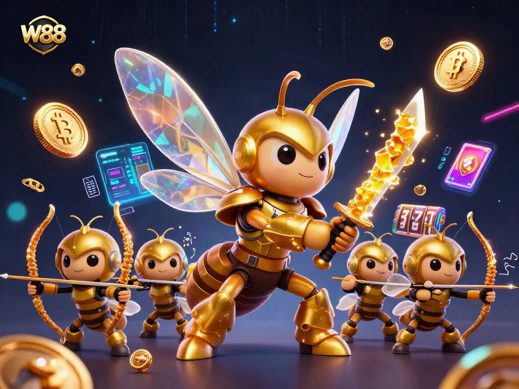 W88's dynamic casino scene illustrated by a golden hornet samurai surrounded by slot elements and cryptocurrency.