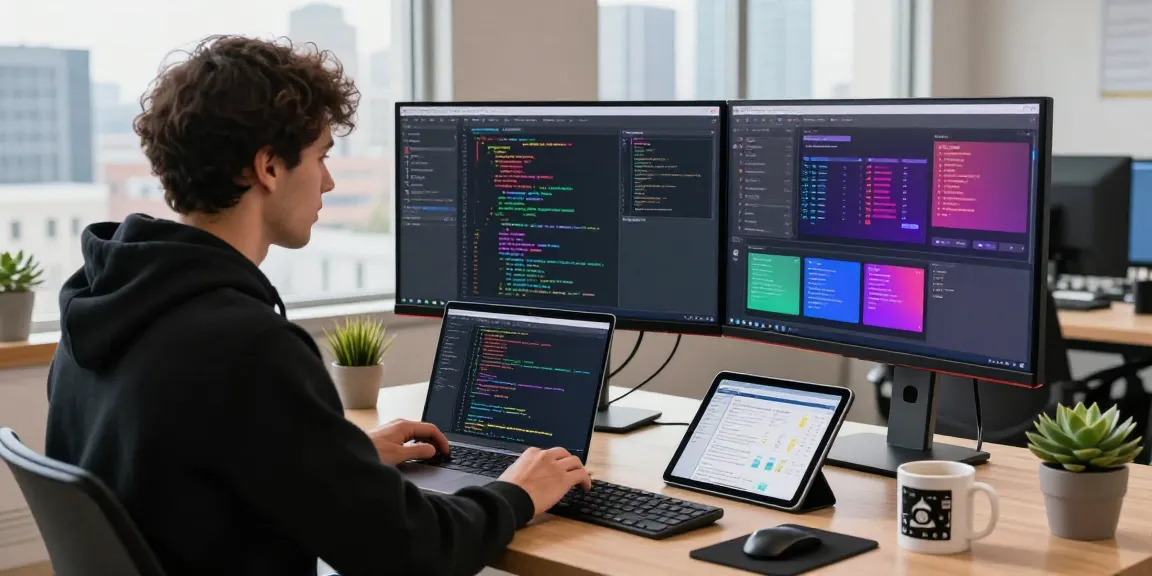 Pengembang perangkat lunak UE99 fokus bekerja di ruang kantor modern dengan layar besar menghadirkan kode dan antarmuka pengguna yang rumit.