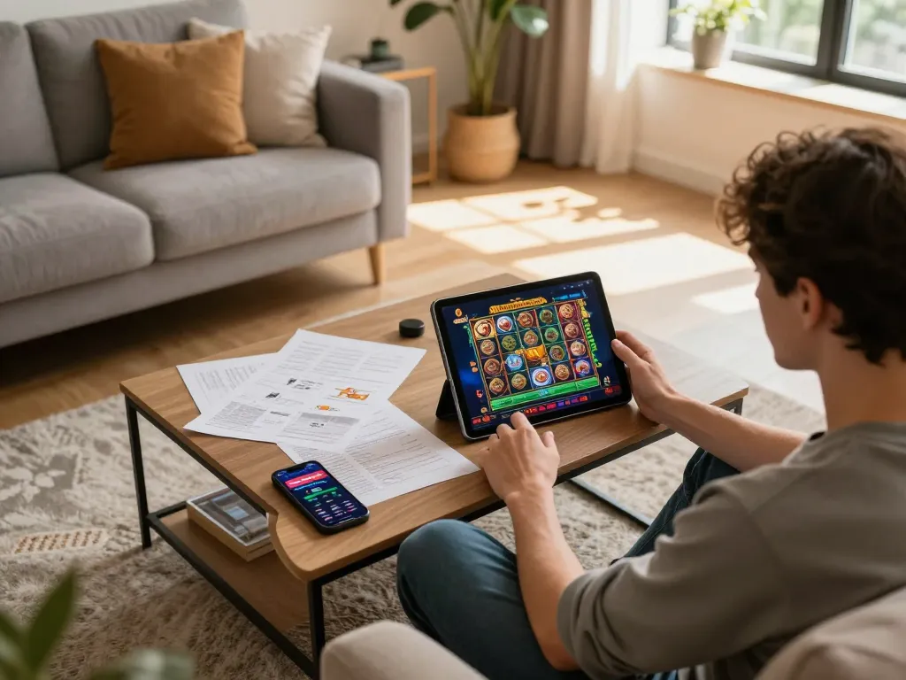 Engaging player enjoying a slot game on a tablet in a cozy home environment, highlighting a relaxed gaming experience.