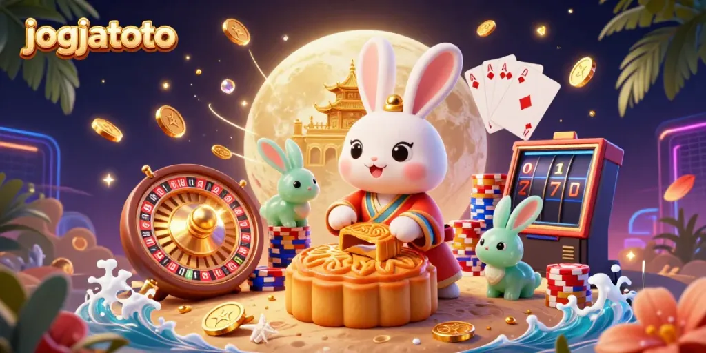 Experience the vibrant casino world with jogjatoto through a lively illustration featuring a moon rabbit and poker elements.