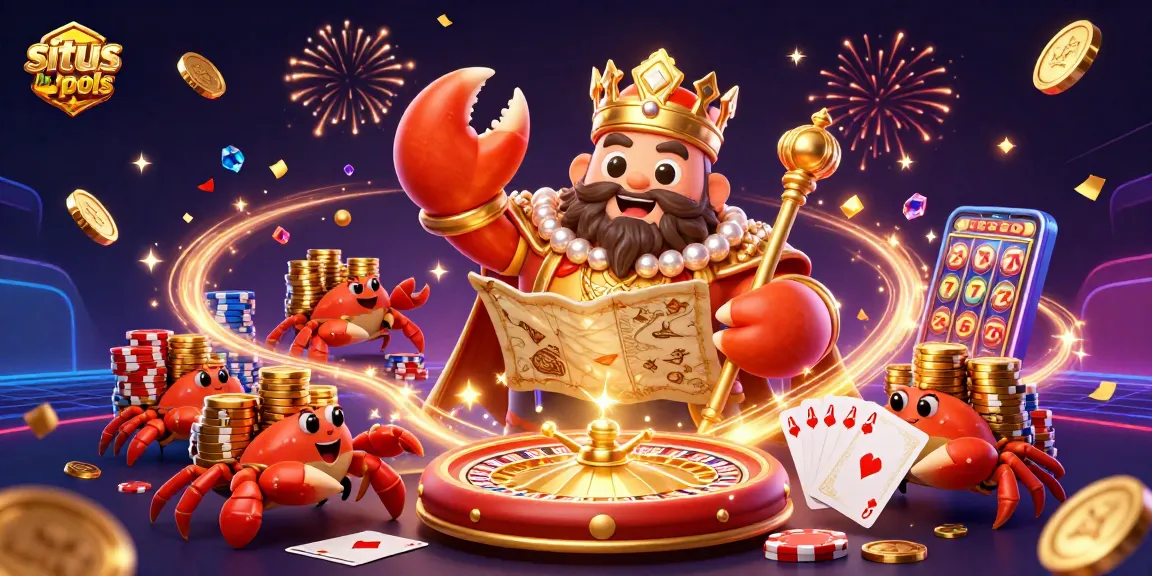 Mengamati situs hk pools dengan ilustrasi 3D kepiting emas memimpin dengan peta harta dan pelayan kepiting, menciptakan suasana meriah.