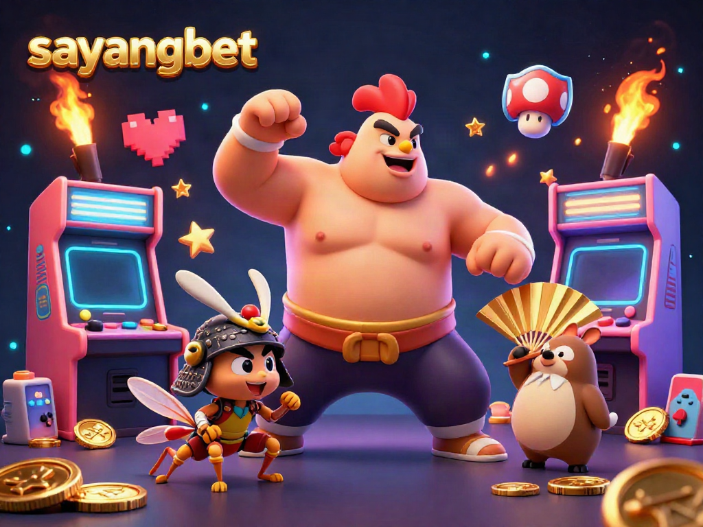 Engage with sayangbet and win prizes in a vibrant casino scene featuring characters and arcade excitement.