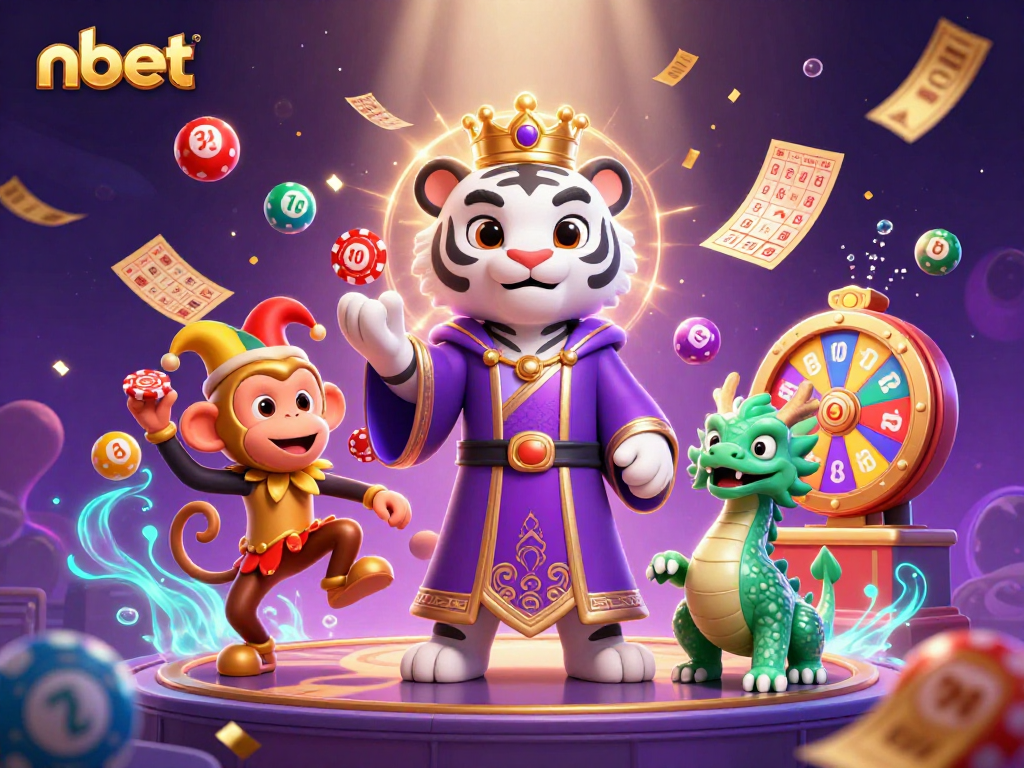Experience the excitement of nbet as a white tiger, golden monkey, and jade dragon engage in vibrant lottery gameplay.