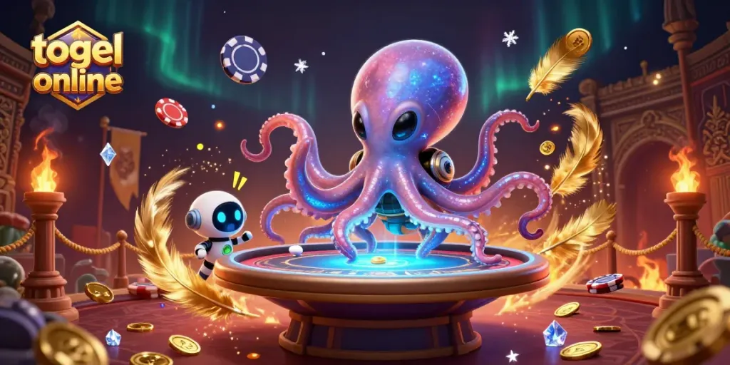 Engage in dynamic togel online gameplay with an alien octopus and its robot companion at a holographic poker table.