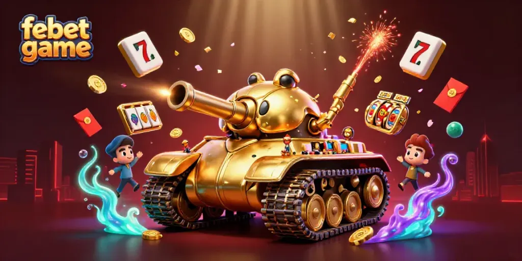 Engage in febet game action with a vibrant 3D casino scene featuring a golden beetle tank.