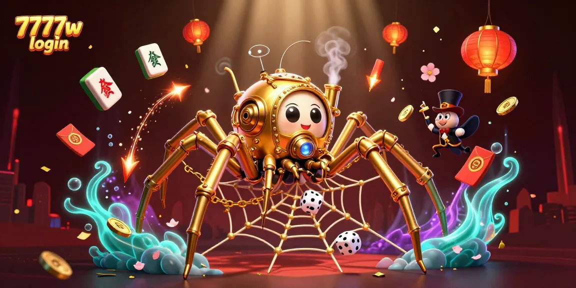 Engage with 7777w login in this vibrant 3D casino illustration showcasing a steampunk spider and glowing elements.