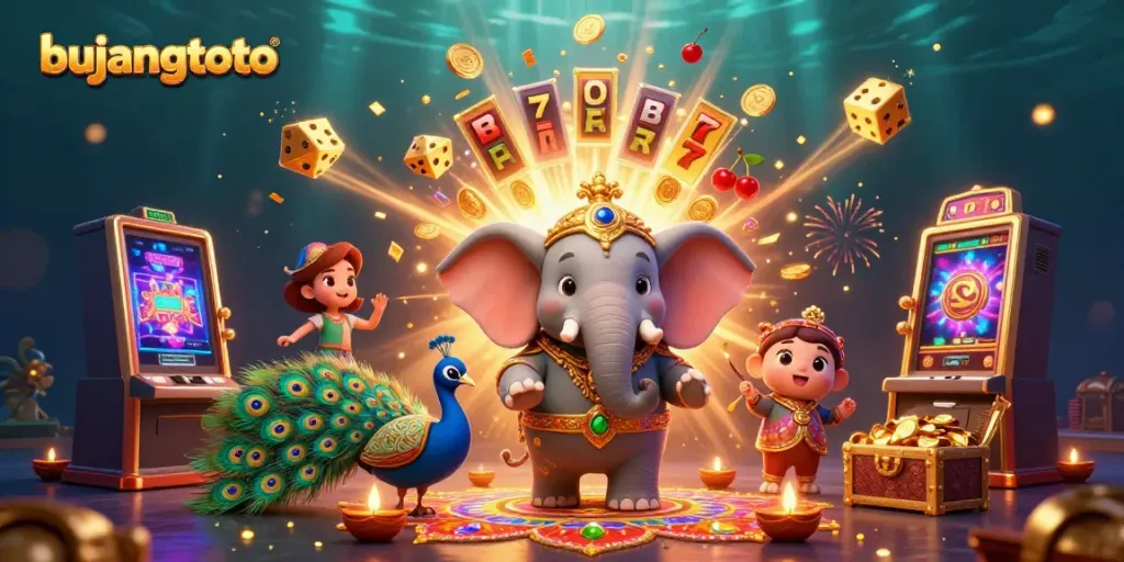 Experience the excitement of bujangtoto with a vibrant 3D illustration showcasing a colorful casino scene packed with winning symbols.