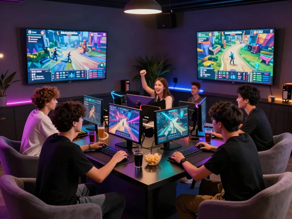 Seributoto dalam suasana lounge gaming modern, teman-teman berinteraksi di meja permainan.