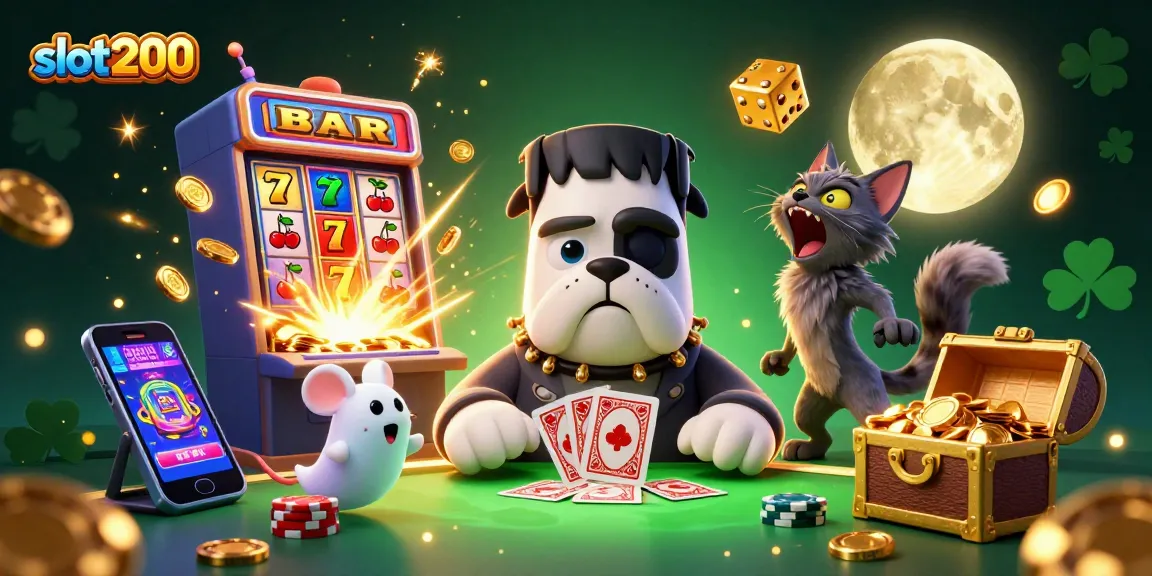 Permainan slot200 dengan bulldog Frankenstein, kucing werewolf, dan mouse hantu di meja kasino.
