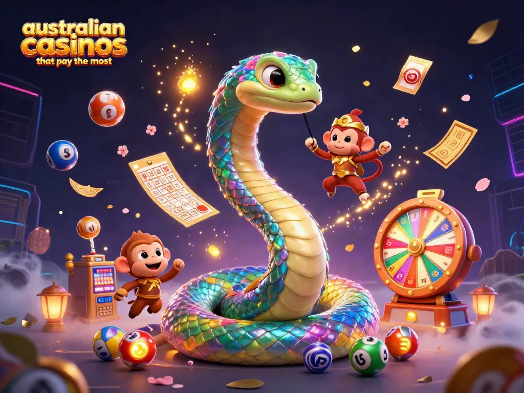 Experience the vibrant world of australian casinos that pay the most, featuring a rainbow serpent and monkey king amidst colorful casino elements.
