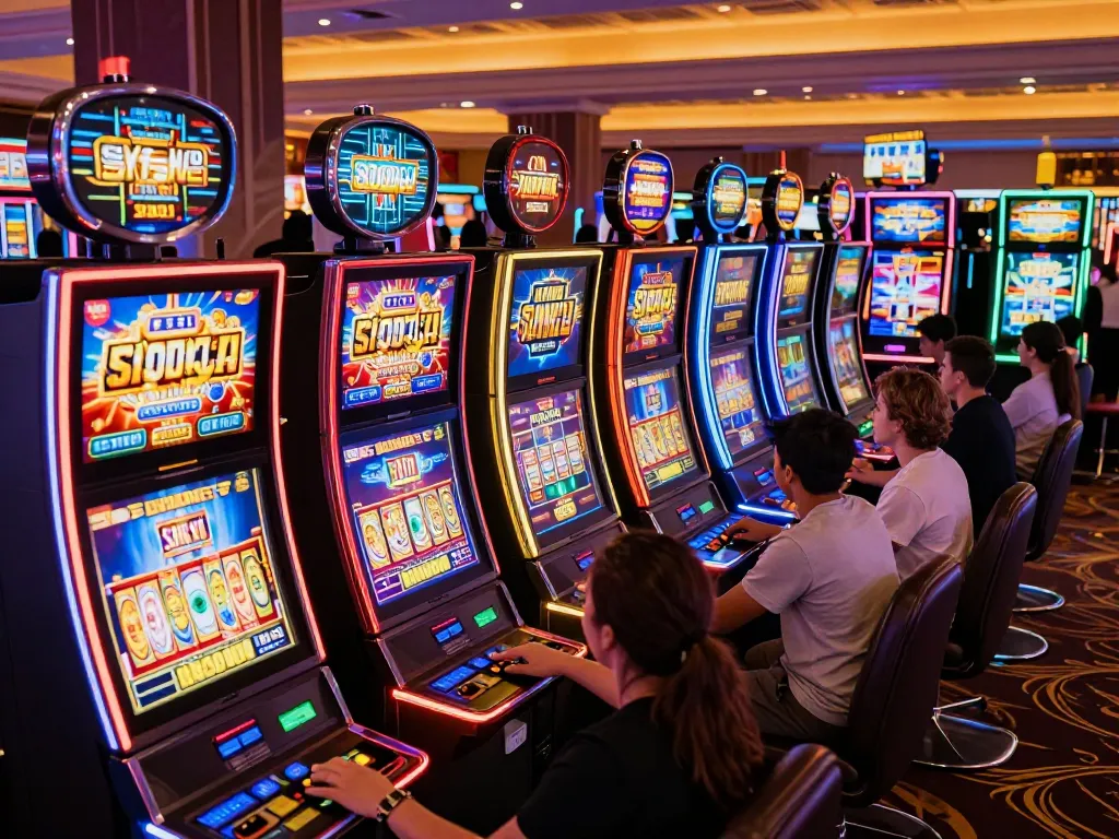 Players engage actively with SIS4D slot machines in a vibrant casino, highlighting the thrilling gaming experience.