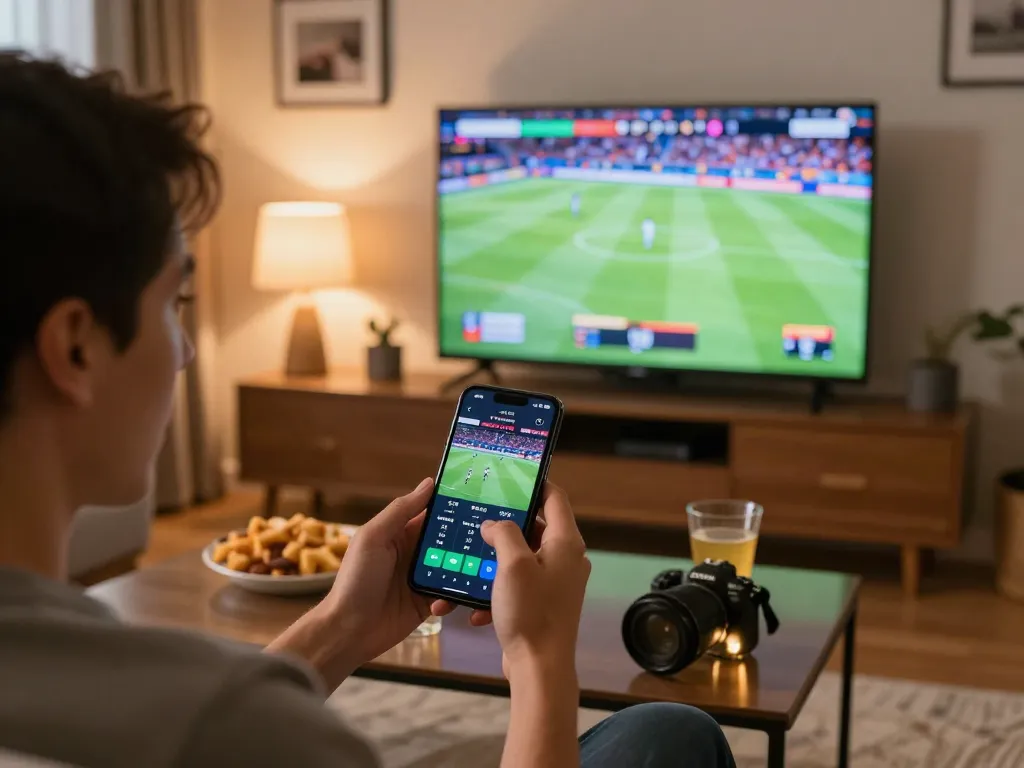 Engaged user placing bets on F88bet app while watching live sports event