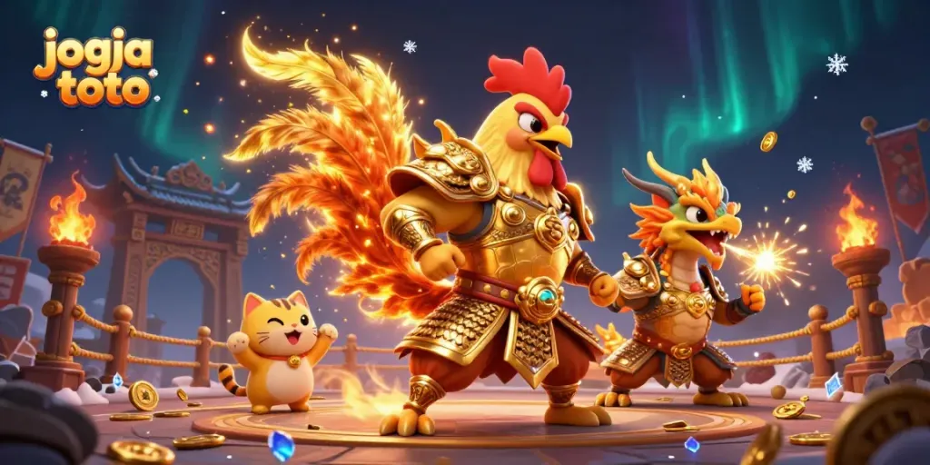 Experience the thrill of jogja toto with a dynamic scene featuring epic character battles in a rich casino atmosphere.