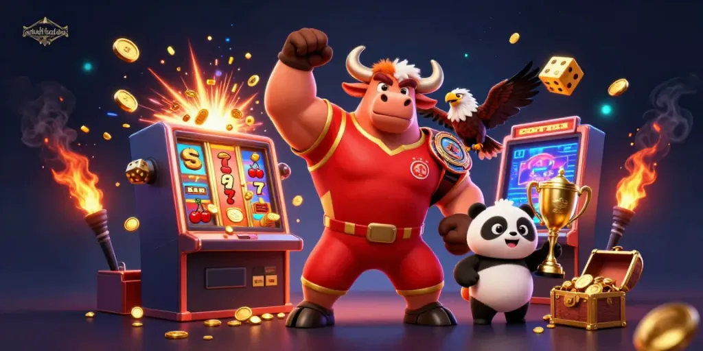 Engaging casino scene with a bull mascot, eagle, and panda celebrating at mitchell-food-drink slots.