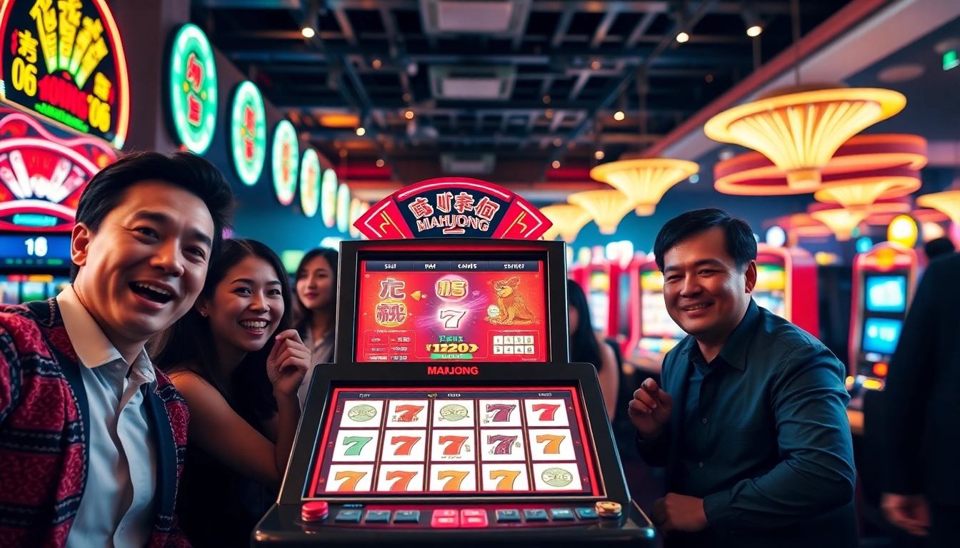 Slot mahjong machine attracting enthusiastic players in a lively casino atmosphere.