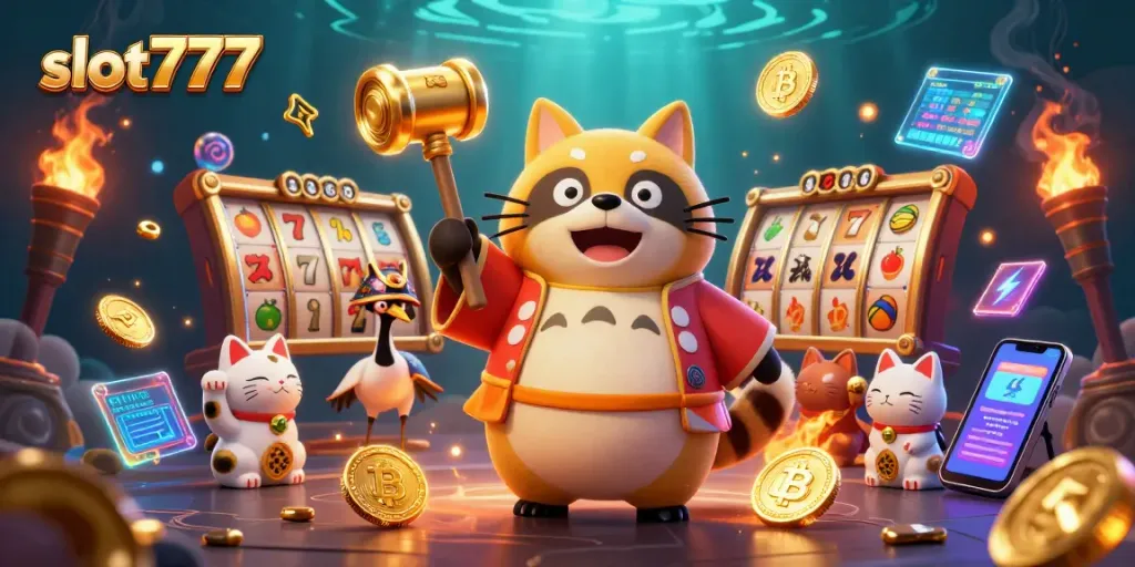 Memenangkan slot777 dengan simbol beruntung di kasino virtual yang penuh dengan koin emas dan elemen digital.