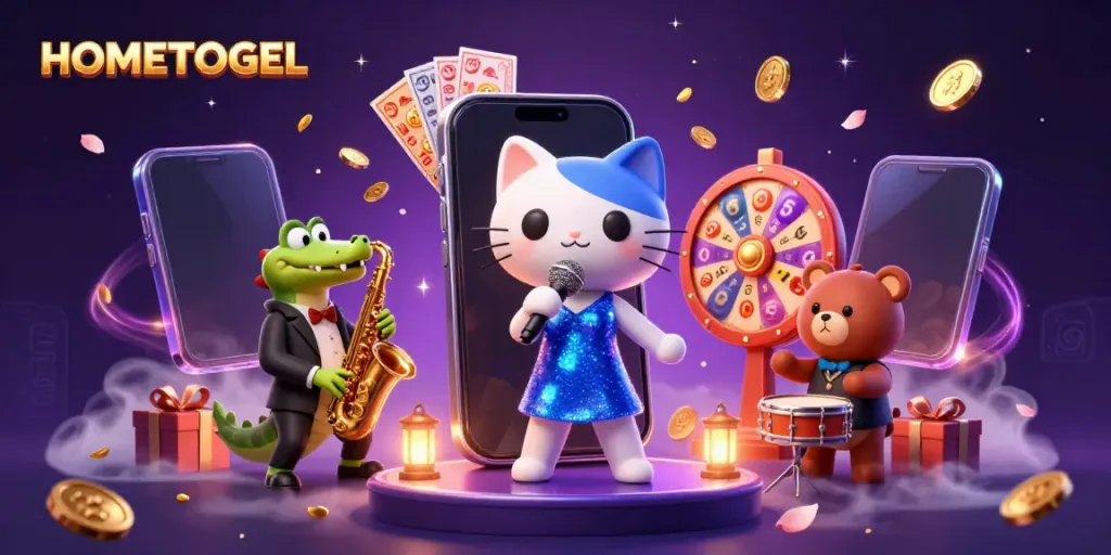 Experience winning moments at HOMETOGEL with a vibrant lottery-themed illustration featuring lively characters.