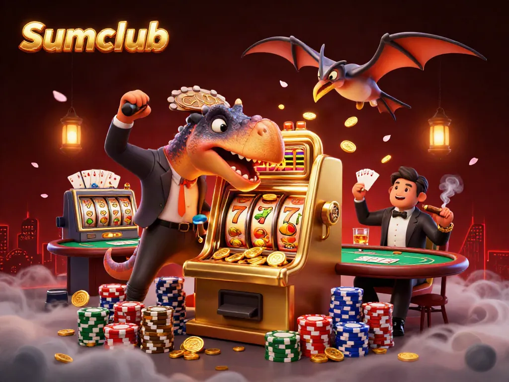 Sumclub's pachycephalosaurus wins jackpot coins from the slot machine in a vibrant casino scene.