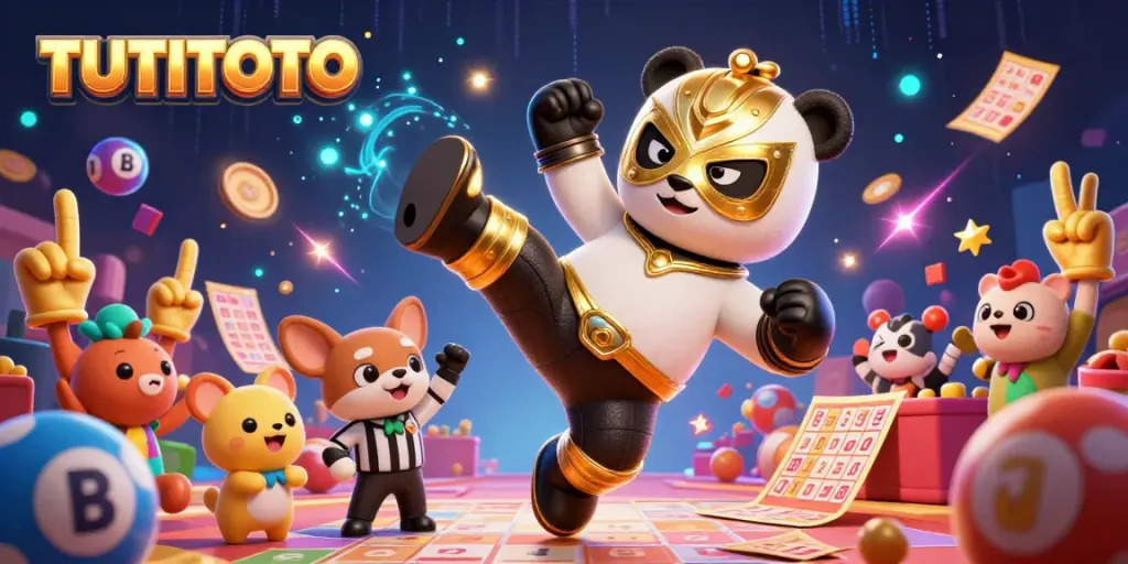 TUTITOTO's vibrant lottery scene showcasing excitement with a panda wrestler flying, lively crowd, and colorful lottery elements.