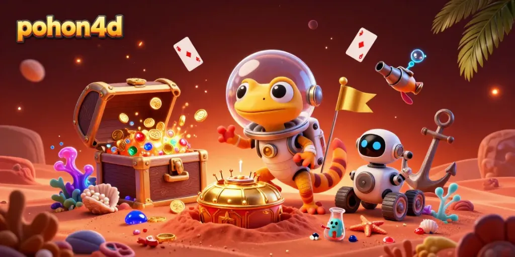 Join the excitement at pohon4d with a Martian gecko exploring a vibrant online casino in a cosmic setting.